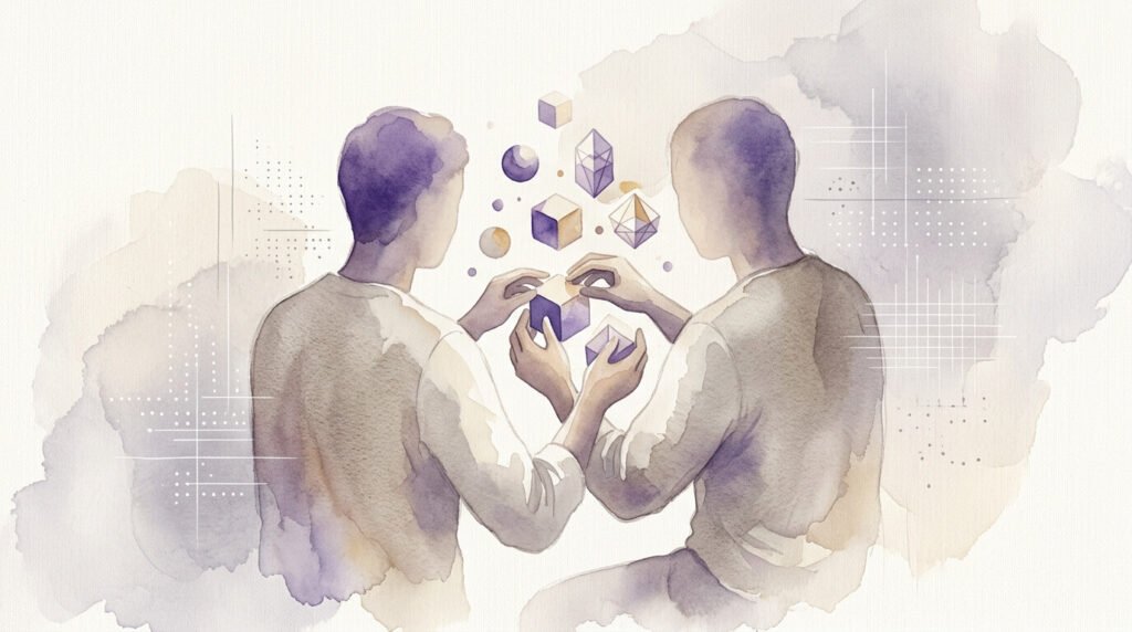 Illustration en aquarelle d'une silhouette qui façonne des formes à la main, symbole du contrôle humain sur l'IA