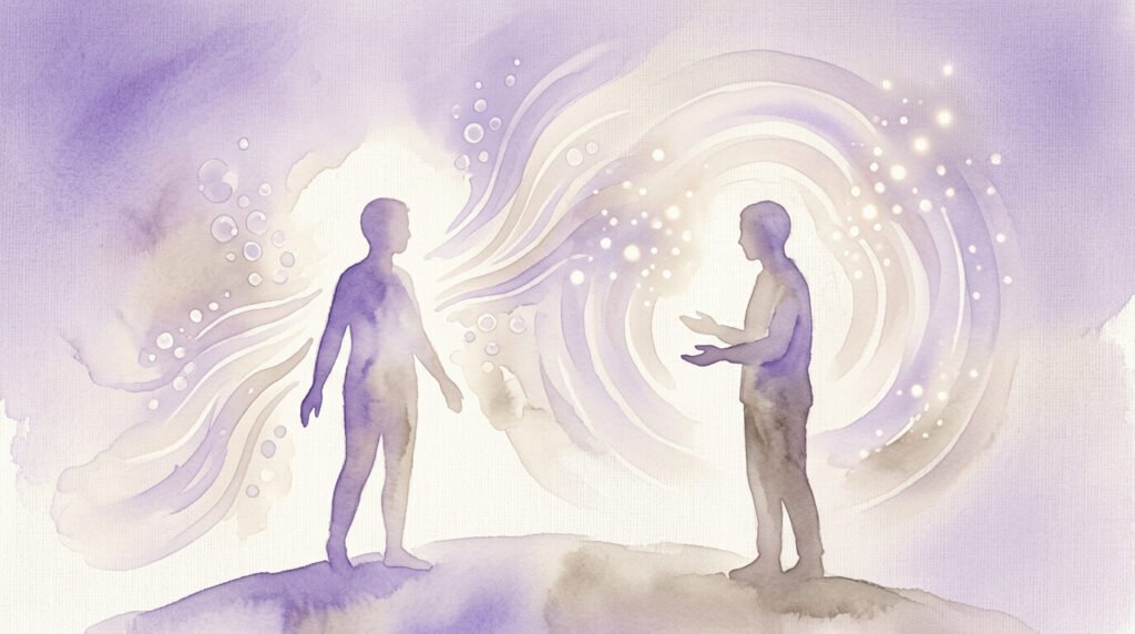 Illustration en aquarelle de deux silhouettes entourées d'ondes de lumière, représentant Gen Z et millennials sur les réseaux sociaux