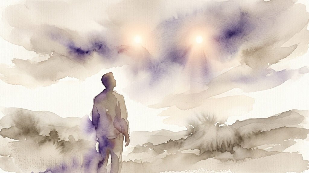 Illustration en aquarelle d'une silhouette guidée par deux lumières, symbole du SEO et du GEO