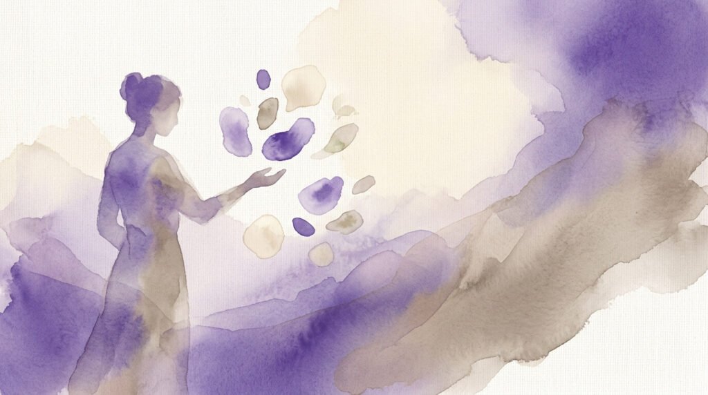 Illustration en aquarelle d'une silhouette qui trie des formes flottantes avec attention, symbole d'un contenu choisi plutôt qu'accumulé