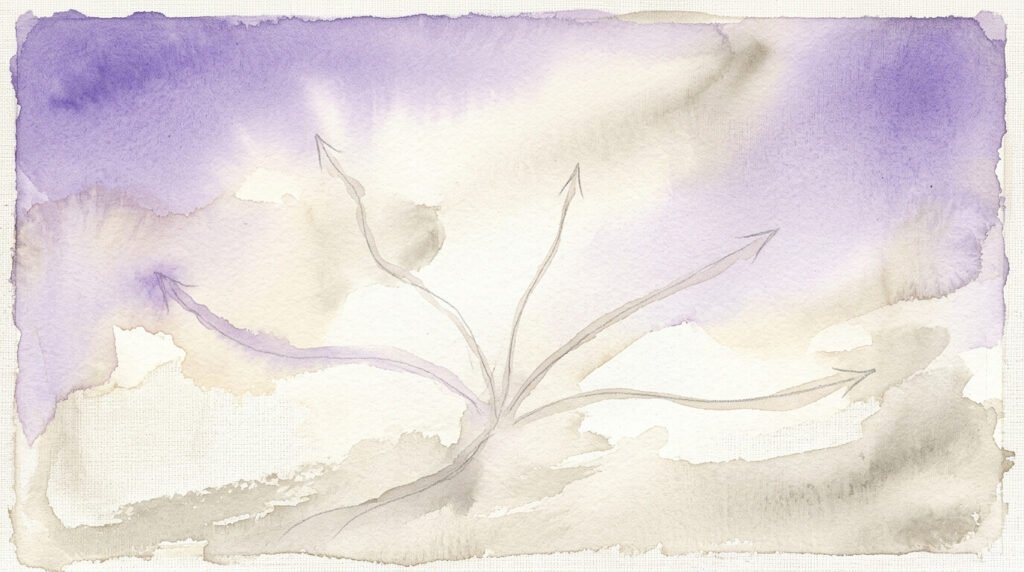 Illustration en aquarelle de chemins dispersés sans direction commune, symbole d'une action sans stratégie