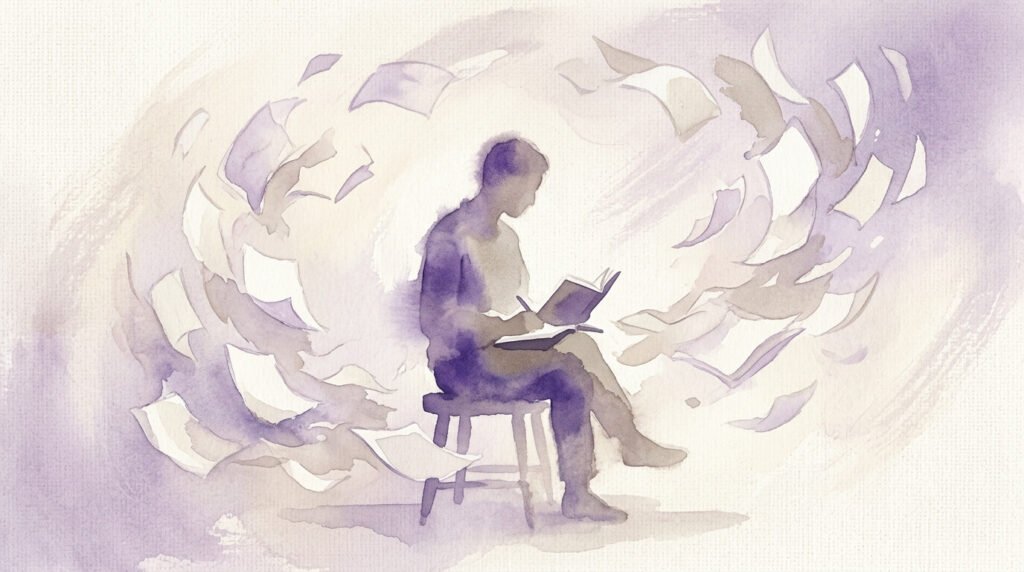 Illustration en aquarelle d'une silhouette qui écrit entourée de pages, symbole du blog Kalasoa