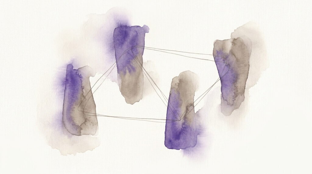 Illustration en aquarelle de quatre éléments reliés entre eux, symbole des piliers du SEO en 2026