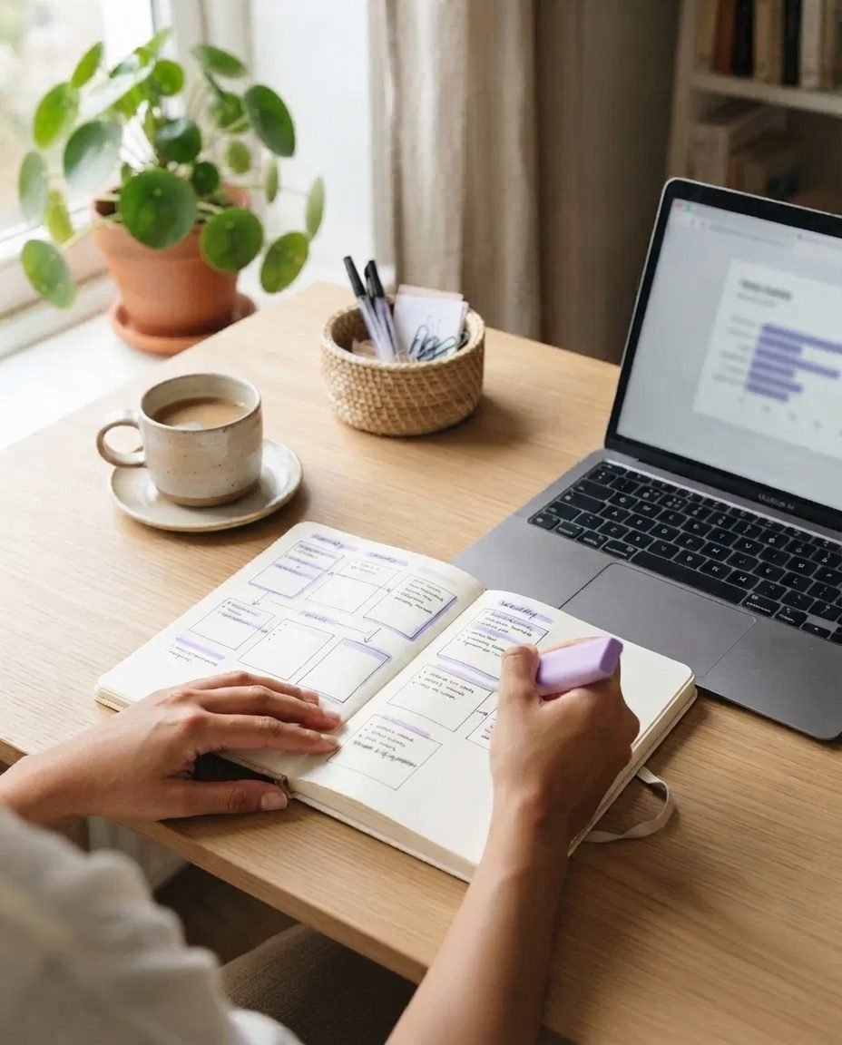 Mains annotant un planning dans un carnet, sur un bureau lumineux avec ordinateur et tasse de café