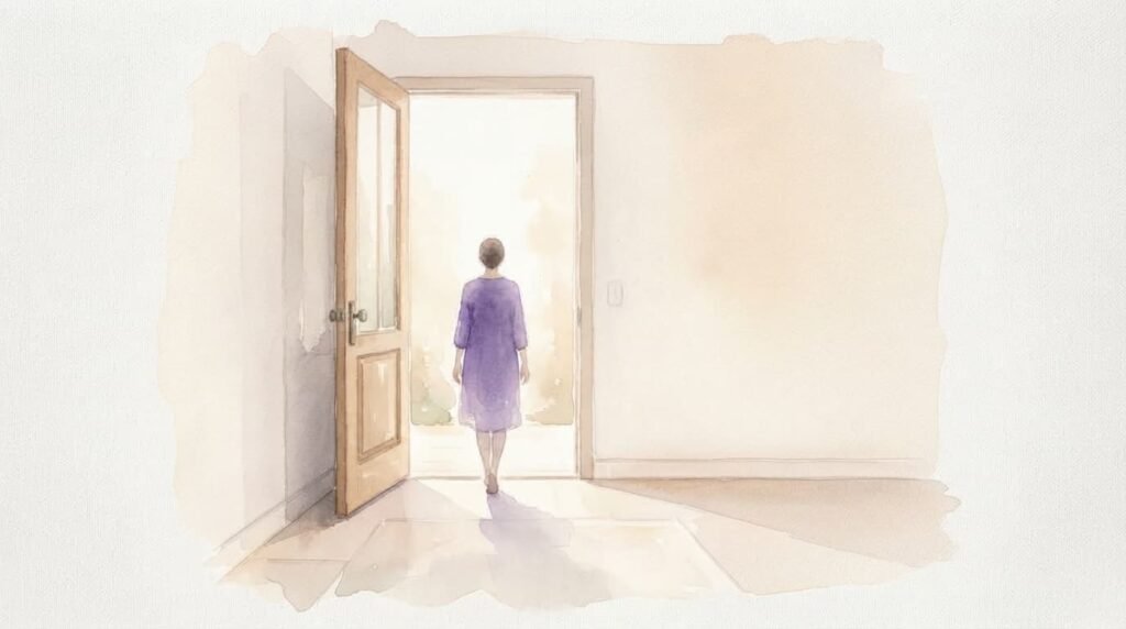 Illustration en aquarelle d'une silhouette qui s'éloigne par une porte ouverte, évoquant un site qui perd des clients sans prévenir
